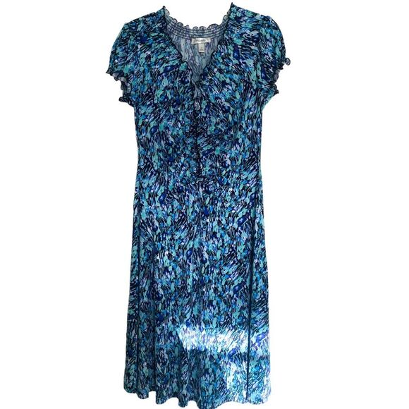 Dressbarn Blue Black Floral Abstract Ruffle V Neck Short Sleeve Midi Dress Sz 8 - Picture 1 of 7